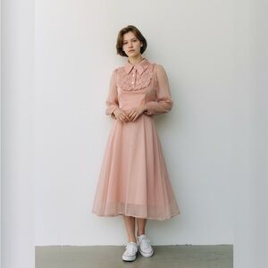 Blush Pink Chiffon Ruffle Dress Pearl Buttons Long Sleeve Size Small